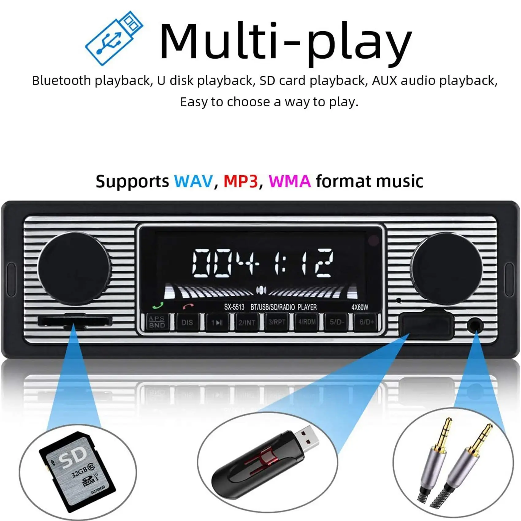 1 DIN 레트로 카 스테레오 오디오 자동차 블루투스 USB/SD/AUX 카드 FM MP3 플레이어 PC 타입:ISO-5513