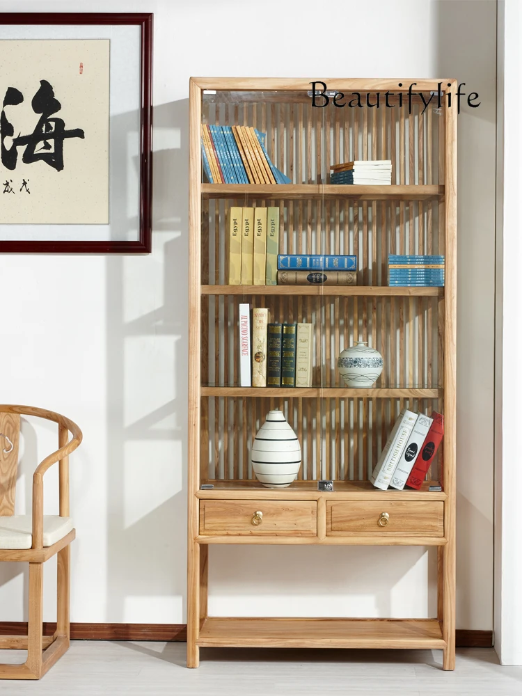 

Old Elm Glass Bookcase Solid Wood Display Cabinet New Chinese Style Showcase Zen Paint-Free Tea Set Cabinet