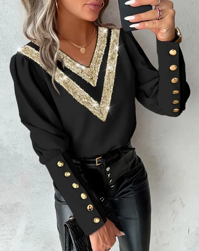 

Contrast Sequin Buttoned V-Neck Top Women Spring Autumn Fashion Contrast Paneled Long Sleeve Casual Daily Simple Pullover Blouse