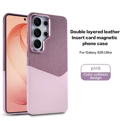 Enhanced Linen Leather Magnetic Wallet Phone Case with MagSafe Card Holder - Shockproof and Soft Cover Design - Galaxy S26 Ultra (Pink)