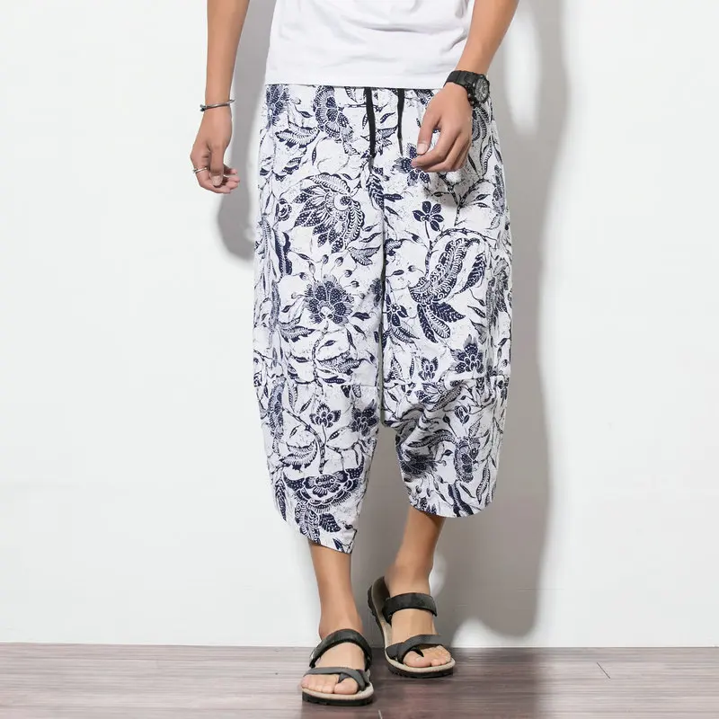 Elegant Fashion Harajuku Slim Fit Ropa Hombre Loose Casual All Match Sports Pants Printed Cotton Linen Thin Style Cropped Pants