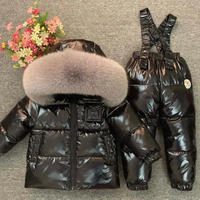 

Russian Winter Real Fur Warm Outerwear Children Sets Down Jackets+Overalls Boys Girls Snowsuit Outdoor Ski Suit Y3607