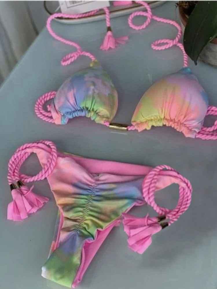Women Swimwear Sexy Zebra Striped Leopard Printed Bikini Set Tie Dye Two-piece Drawstring Beachwear