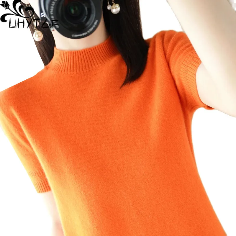 

UHYTGF Quality Wool Spring Autumn Sweater Women's Half Turtleneck Pullover Thin Cashmere Tops Short Elastic Sweaters Female 38