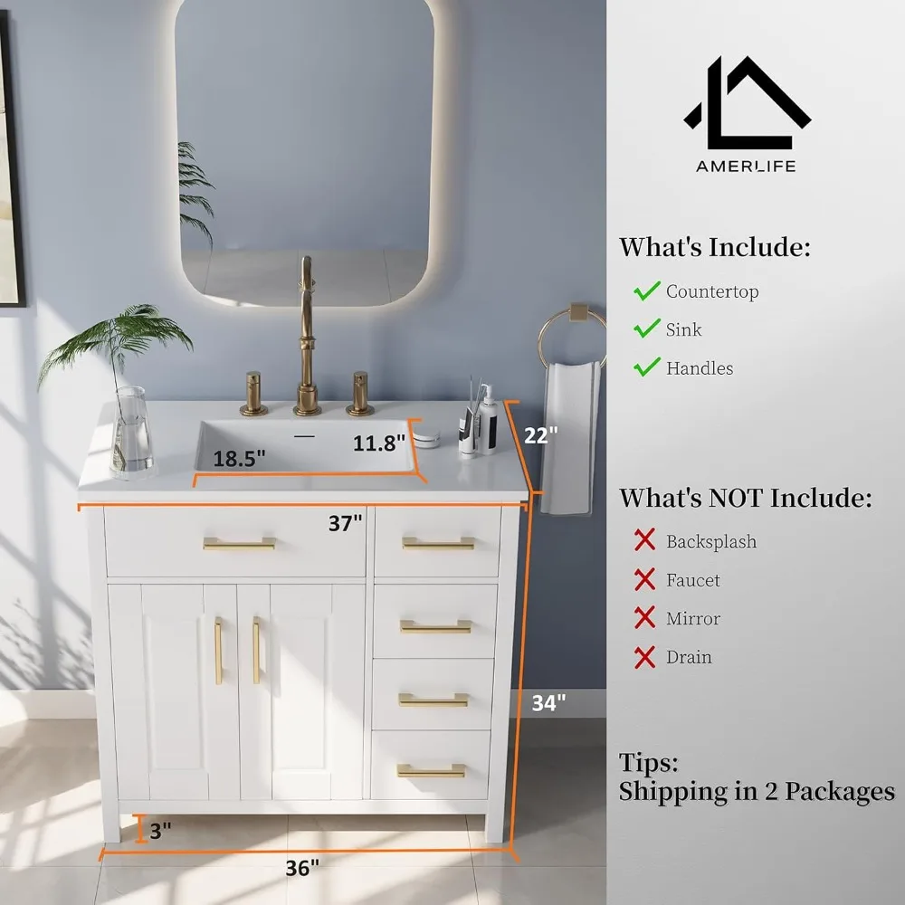 36" Bathroom Vanity with Sink Combo, Undermount Small Single Bathroom Cabinet Set, Includes 37" Countertop & Integrated Sink 2