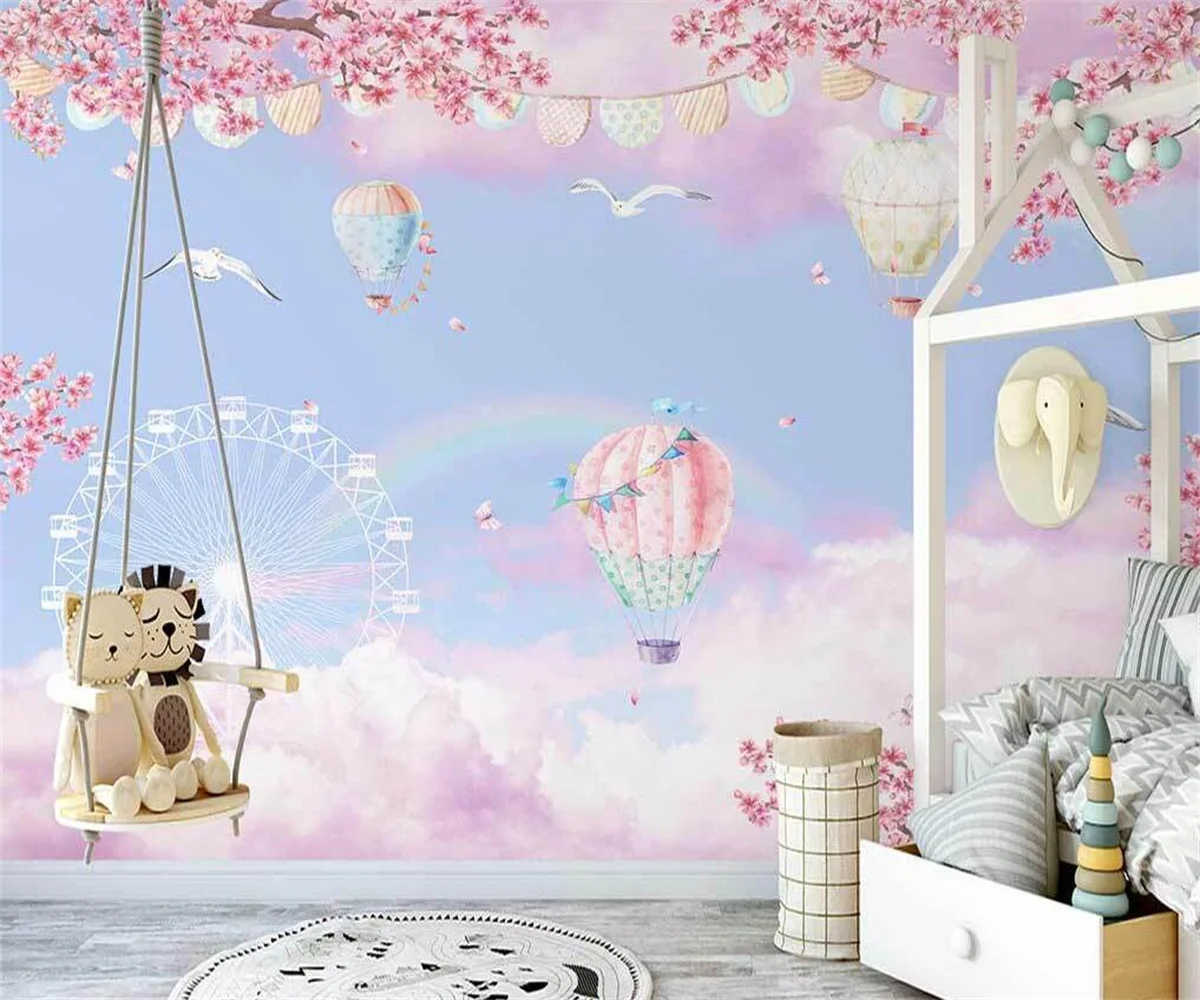 Nordic Fantasy Cloud Paradise Pink Hot Air Balloon Background Mural Wallpaper for Kids Room Custom wallpaper Decor стул качели level cloud pink