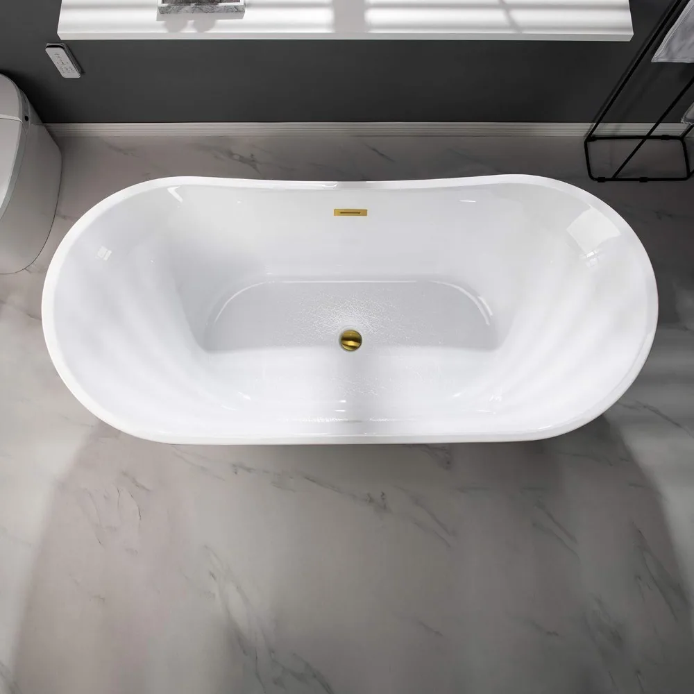 67" Acrylic Freestanding Bathtub Contemporary Soaking White Tub with Brushed Gold Overflow and Drain Easy clean easy maintenance 5