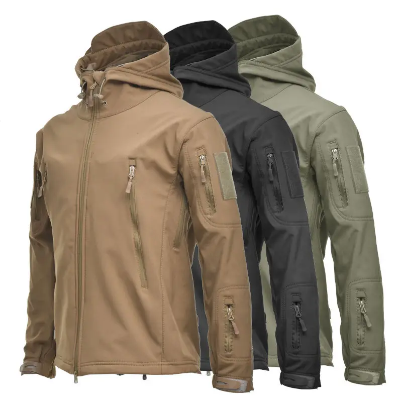 Outdoor Camouflage Cotton Lining Jacket Men's Solid Hooded Zipper Pockets Loose Sports Windproof Waterproof Ventilate Warm Coat