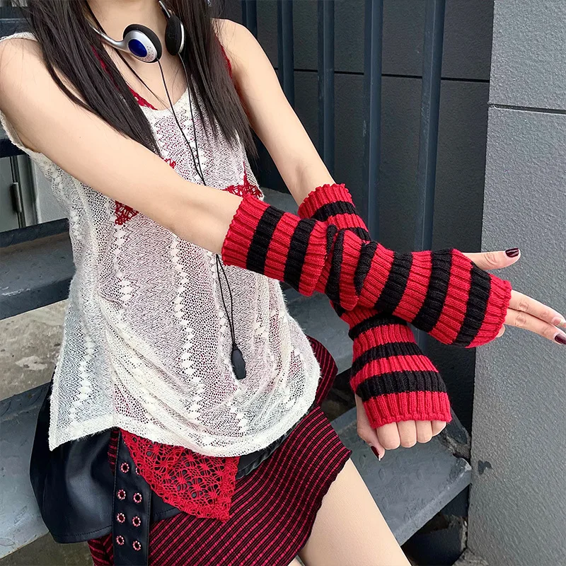 Gothic Punk Damen gestreifte Beine Lolita Lange Strickleggings Japanische Süßigkeiten Wintersocken Kawaii Arm-Knöchelwärmer_voghion.com