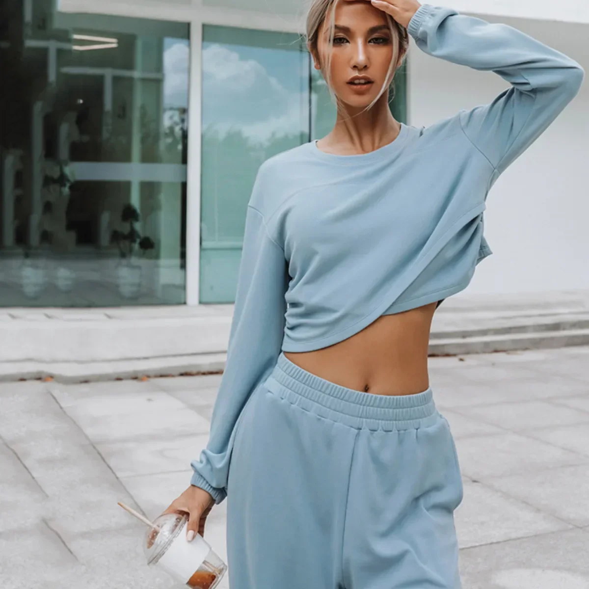 

Casual Tracksuit Set for Women, Sexy Belly Button, Sports Sweatshirts, Pullover, Monochrome Hoodies, Winter and Spring, Korea