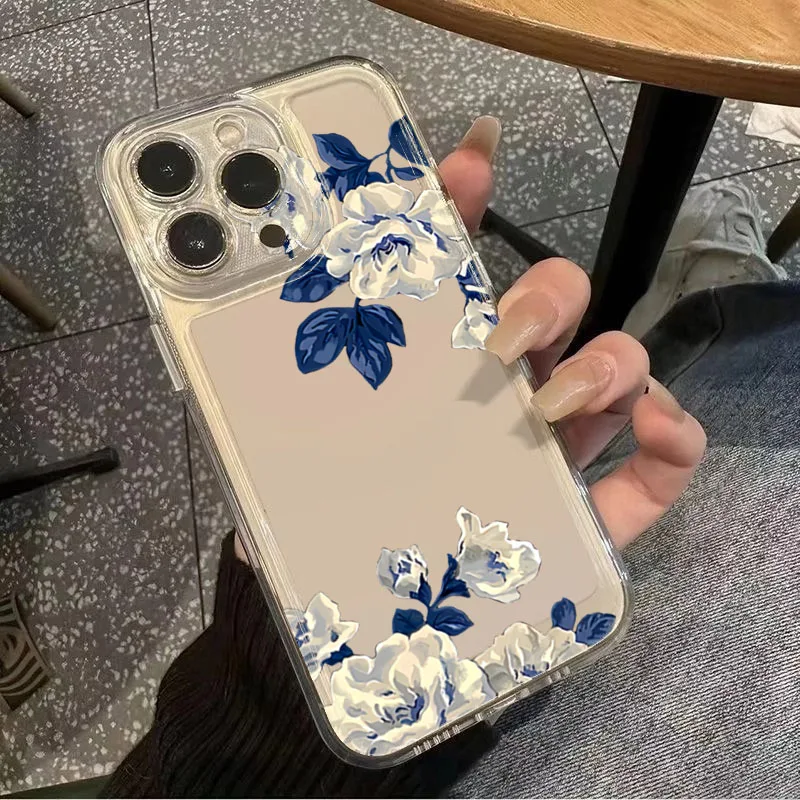 Blue Leaf White Flower Pattern Transparent Phone Case Cover