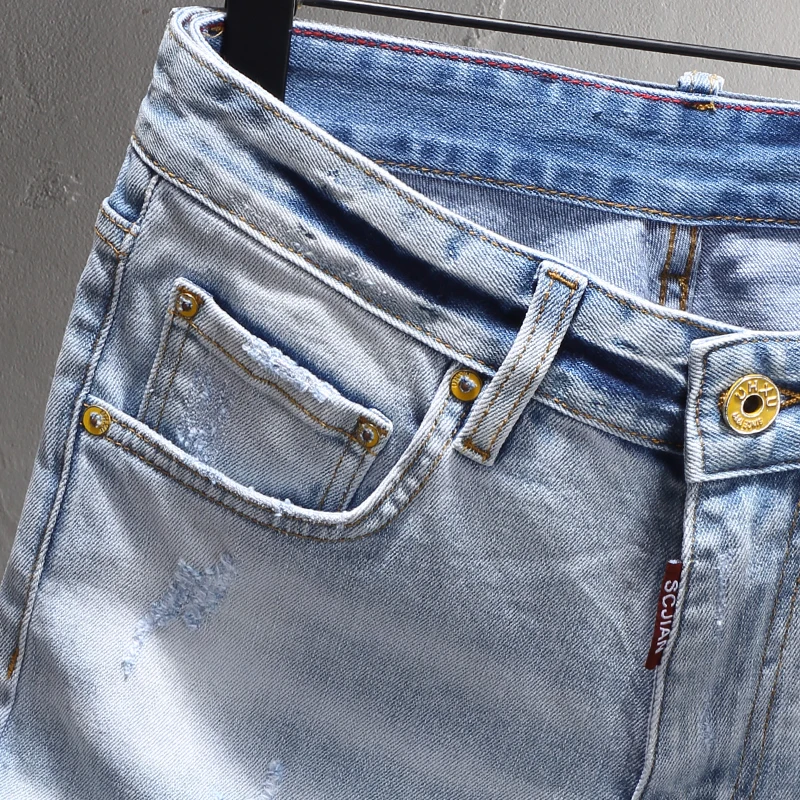 Summer Fashion Men Jeans Retro Light Blue Plain Washed Elastic Ripped Short Jeans Spliced Designer Vintage Denim Shorts Men