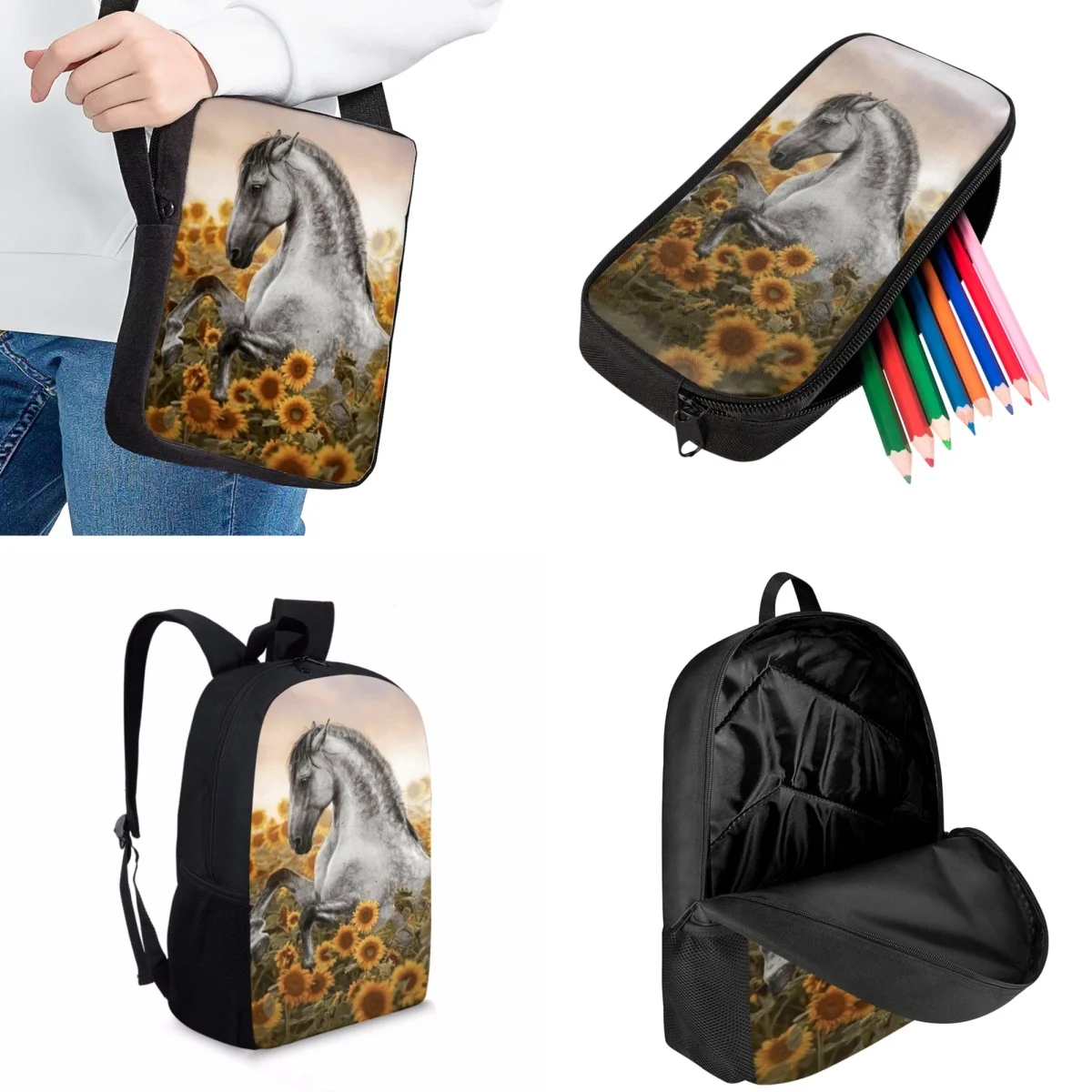 Jackherelook Sunflower Horse Print Children School Bags Fashion Casual Bookbags Set College Laptop Bag Boys Girl Travel Backpack