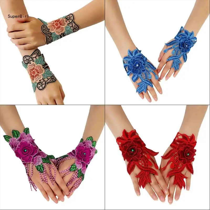 

Ethnic Floral Bracer Hollow Lace Gloves Embroidery Flower Gloves Folk Fingerless Wrist Cover with Finger Loop