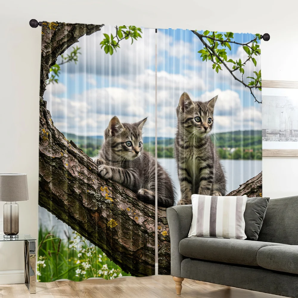 2pcs, spring summer Curtains There are cute kittens on the branches Semi-Sheer Curtains Durable 100% Polyester Fabric Room Decor 6