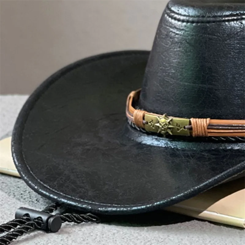 Men Women Beach Hat Western Style Cowgirl Hat Stylish Belt Design PU Wide Brim Sun