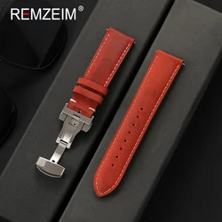Men's Premium Crazy Horse Leather Watch Band with Quick Release Butterfly Clasp - 22mm (Red)