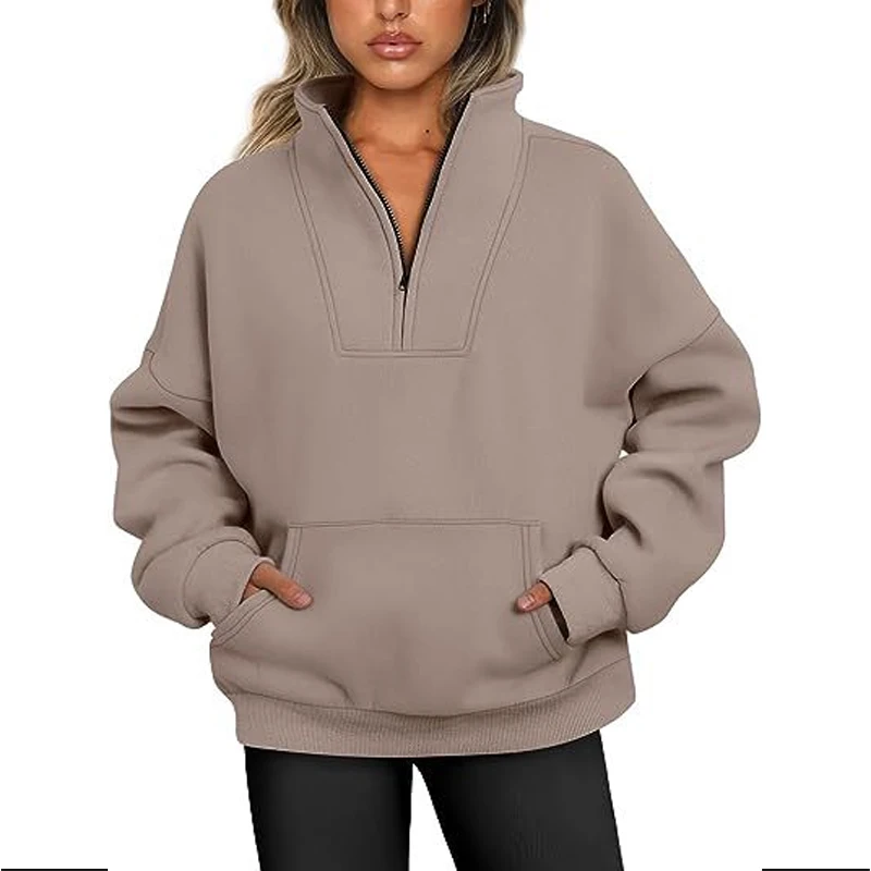 2023 Winter New Solid Color Stand Collar Long Sleeve Fashion Sweatshirts Women Casual Loose Zipper Pockets Screw Thread Pullover