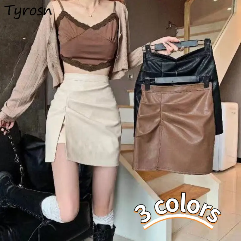 

Pu Skirts Women Side-slit Retro Folds Tender Design Slim Sexy All-match Mini Faldas Korean Style Leisure Ladies Elegant Fashion