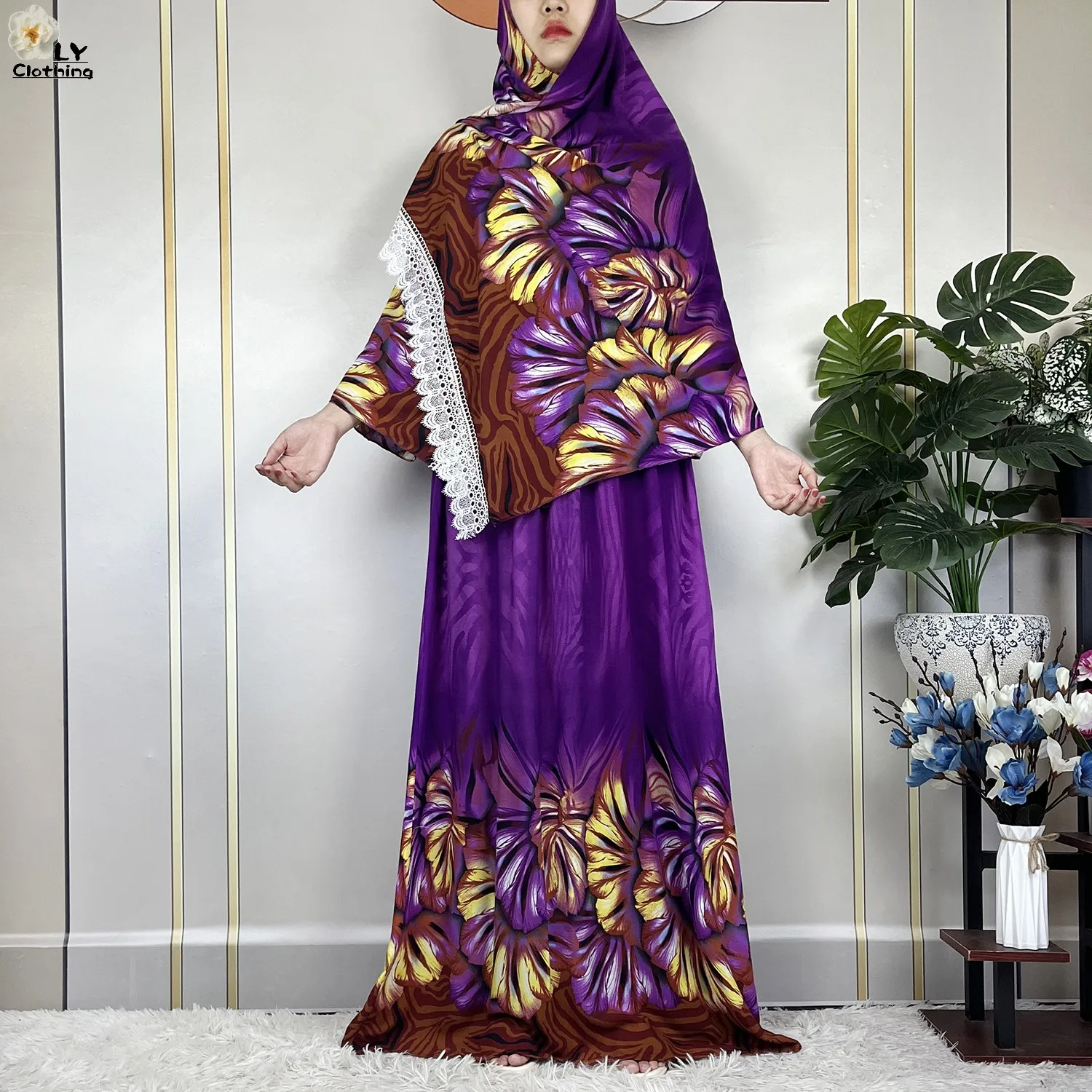 2023 New African Women Summer Fashion Dress With Big Scarf Dubai Maxi Lady Half Sleeve Collect Waist Printing Floral Casual Robe