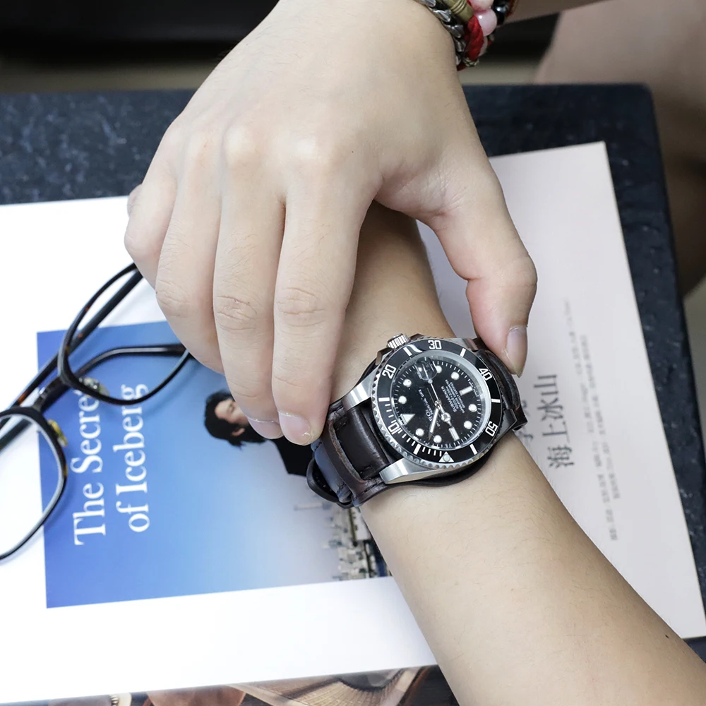 Oil Wax Leather Strap 18mm 19mm 20mm 21mm 22mm Watchband Blue Wristband with Mat Handmade Genuine Leather Watch Accessories