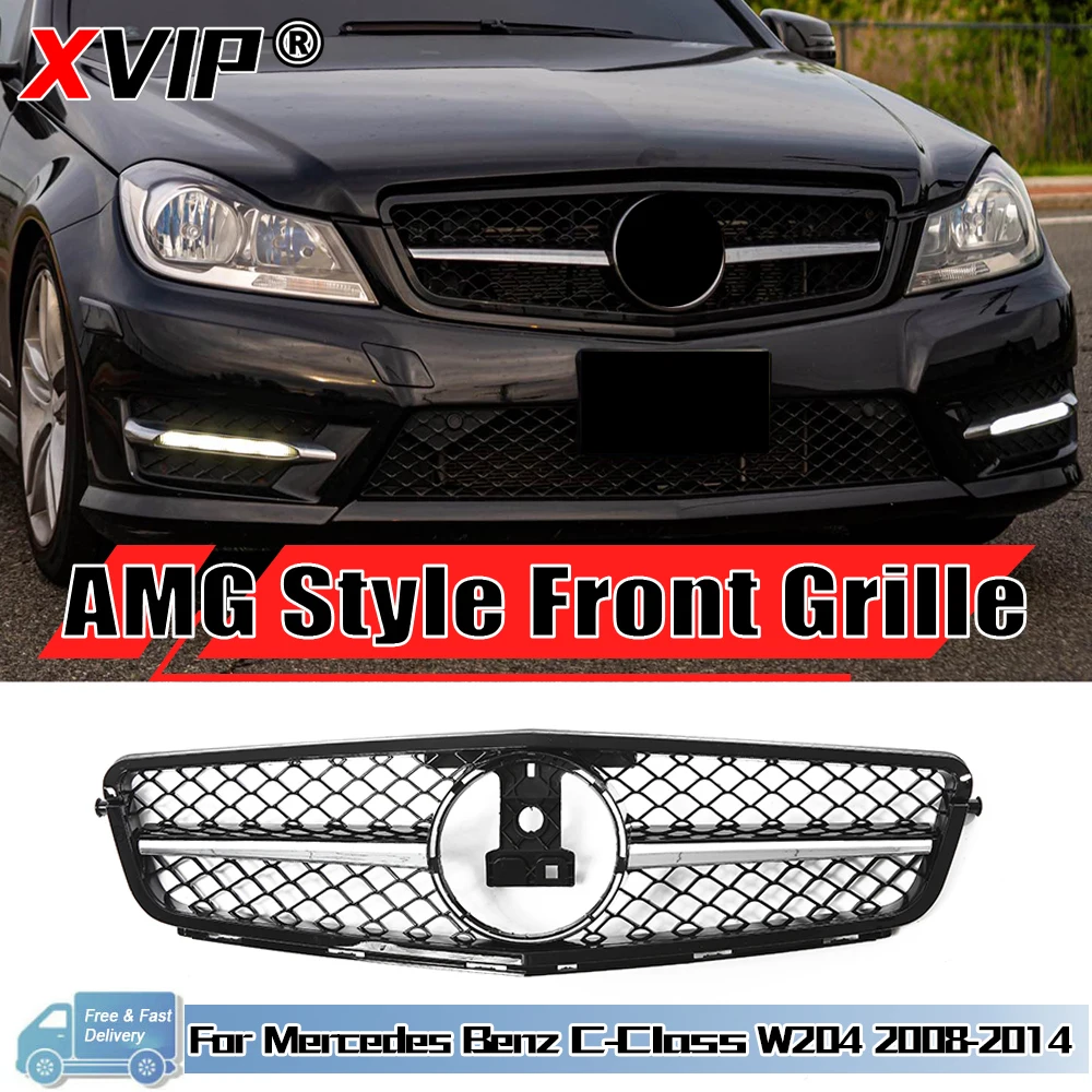 XVIP AMG 프론트 범퍼 그릴, 메르세데스 벤츠 C 클래스 W204 08-14 C180 C280 C300 C350 용, 블랙 GTR 스타일 다이아몬드 스타일 그릴