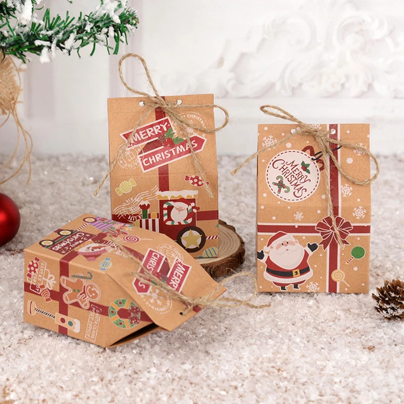 5/10pcs Merry Christmas Candy Box With Rop Kraft Paper House Santa Claus Cookie Gift Packaging Boxes 2024 New Year Party Decor