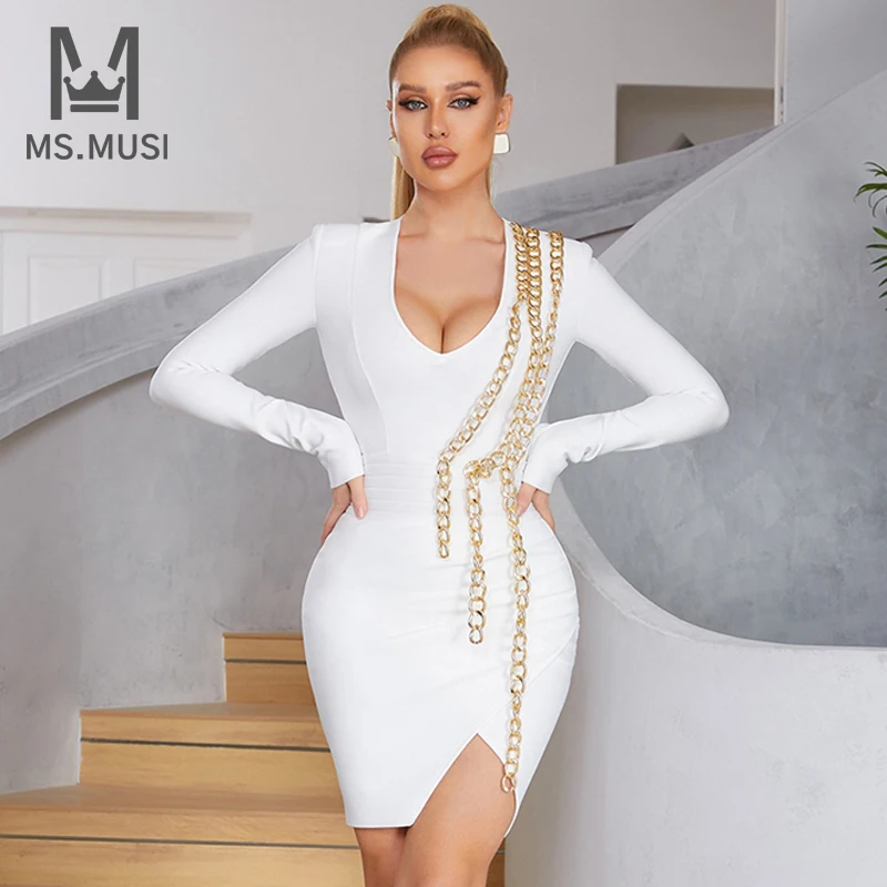 

MSMUSI 2023 New Fashion Women Sexy Lady White V Neck Chain Long Sleeve Bandage Party Club Bodycon Slim Event Mini Dress Vestidos