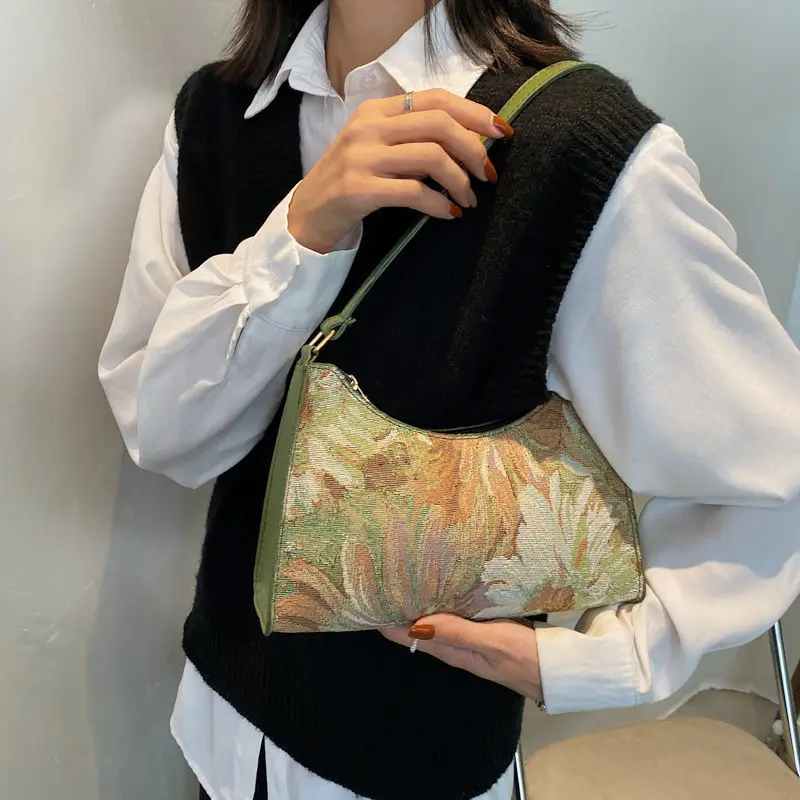 Womens Shoulder Bag Fashion Vintage Oil Painting Design Simple Flower Female Armpit Hobos Small Clutch Handbag Totes