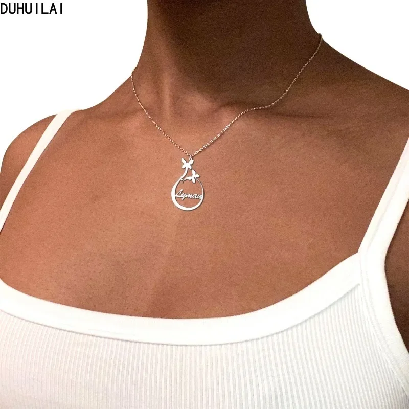 

Personalized ladies stainless steel double butterfly name pendant necklace high quality charm jewelry birthday gift.
