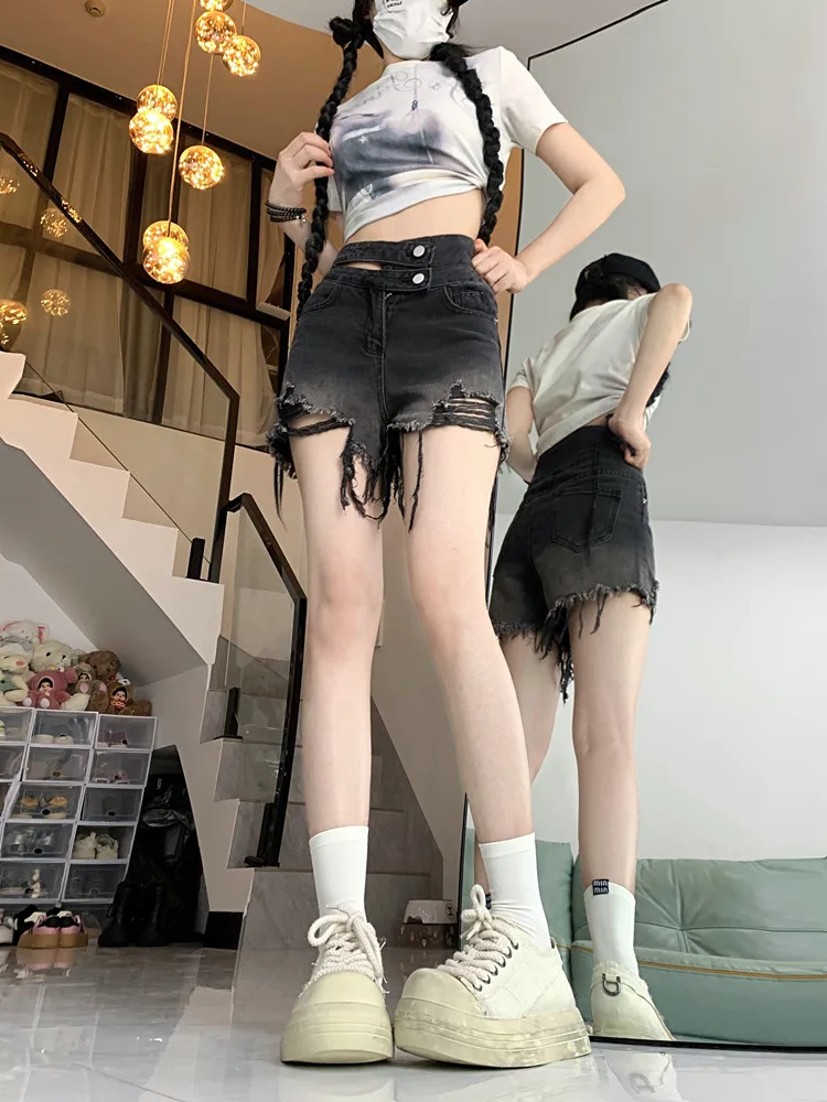 

High Waist Tassel Broken Denim Shorts Women Summer Korean Version Raw Edge Wide Leg Loose Plus Size Jean Shorts Female