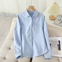 Women's Casual Cotton Oxford Shirt 2023 New Woman Striped Blouse and Tops Simple Solid Lady White Blue Shirts Clothes - Image 2