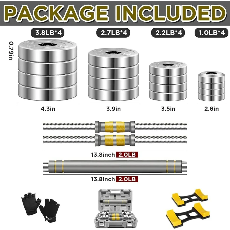 Adjustable Dumbbell Set - 44 LBS weights set, Dumbbell Barbell 3 in 1, Steel Dumbbells Pair with Connecting Rod for Adults Women