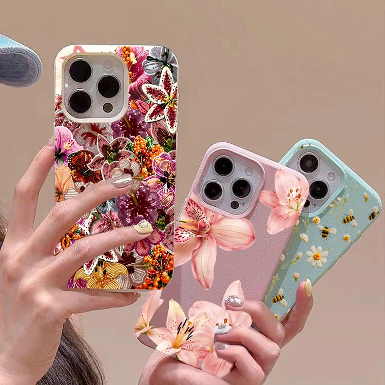 Luxurious Beaded Flower Lychee Texture Phone Case