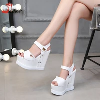 Peep Toe Platform Wedges Sandals Women 14cm Increased Height Summer Ladies Shoes White Black High Heels - Image 4