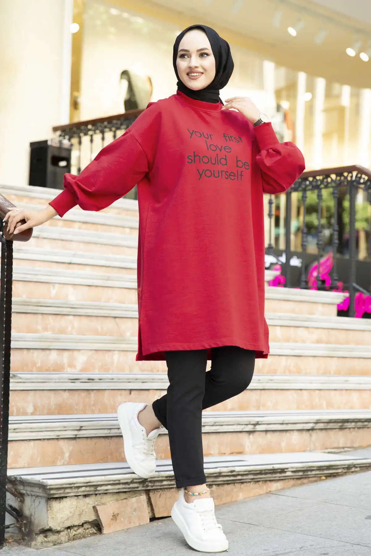 

Lettering Printed Sweat Tunik SAG Red Black Printed Winter Autumn 2021 Muslim Women Hijab headscarf islamic Turkey