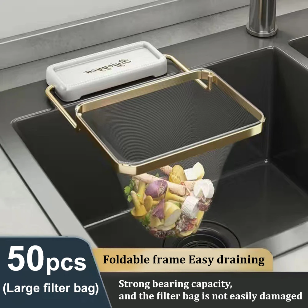 

Kitchen Sink Drain Basket Foldable Frame Strainer Caddy Vegetable Fruit Drainer Leftover Filter Shelf with 50 Disposable Bags