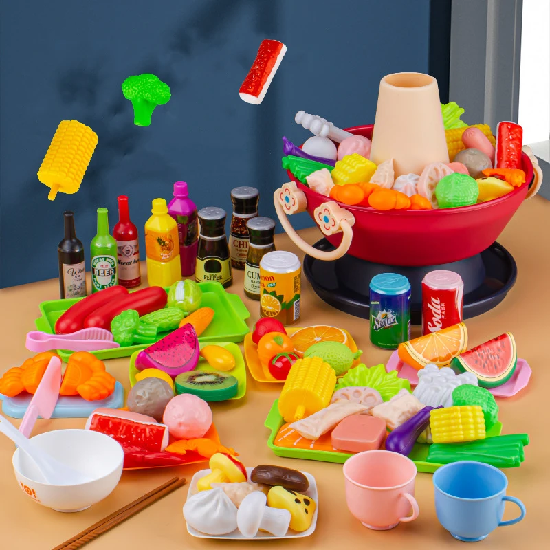 Play house simulation food seafood fruits and vegetables kitchen hot pot toys children's barbecue boys and girls cooking set