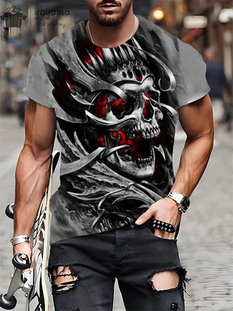 Mens Oversized 3D Skull Print T-Shirt - Summer Horror Fashion Tee