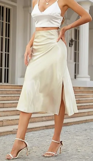 Womens Midi Skirts 2024 Summer Dressy Casual High Waisted Ruffle A Line Silk Satin Skirts mini skirt flowy maxi