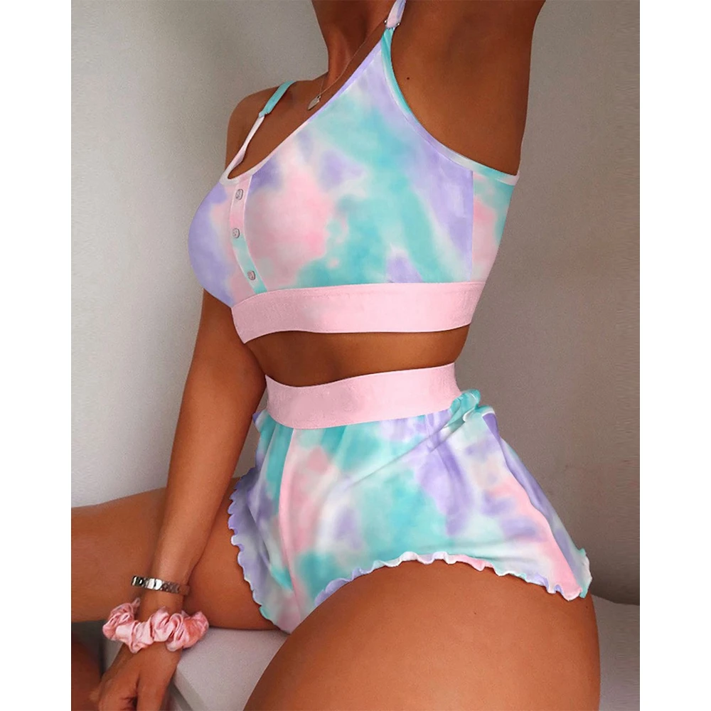 Пижамный комплект Y2k для женщин, комплект из 2 предметов, топ на бретелях-спагетти и шорты с принтом, домашняя одежда для сна