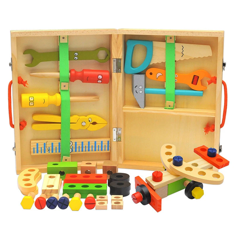 Educational Montessori Kids Toys Plastic Wooden Toolbox Pretend Play Set Children Nut Screw Assembly Simulation Carpenter Tool 2