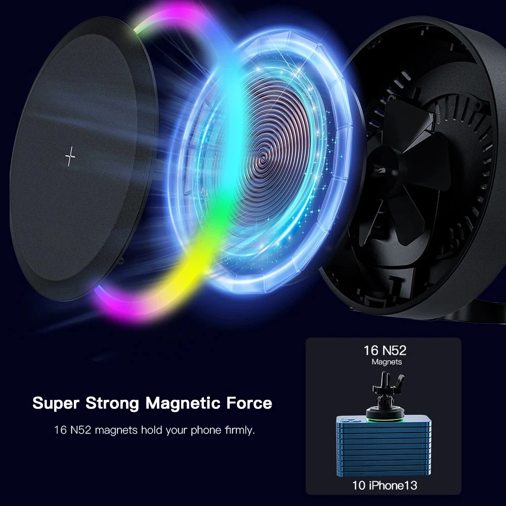 Fast Charging Magnetic Wireless Car Charger with RGB LED Light and Universal Air Vent Phone Holder