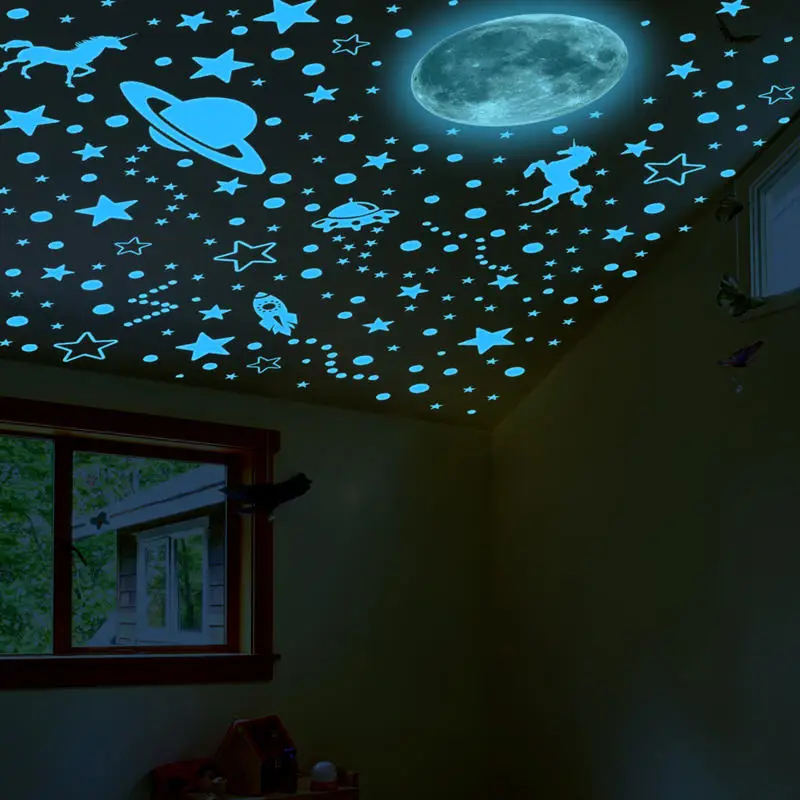Glow in The Dark Unicorn Wall Stickers Stars Decal Glowing Ceiling Planets Shinning Space Gift for Boys Girls