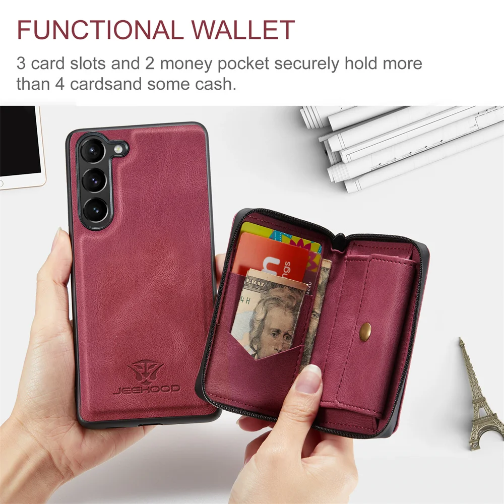 JEEHOOD Luxury Detachable Zipper Purse Card Bag Wallet Case for Galaxy A12 A13 A14 A22 A32 A35 A42 A51 A52 A53 A54 A55 A72 A73