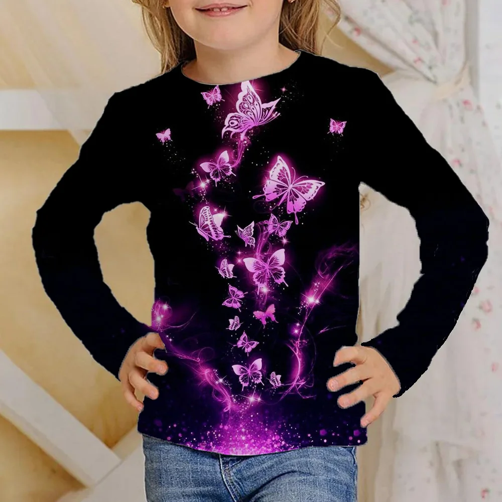 Vestiti ragazze da 4 a 12 anni farfalla glow nero manica lunga t-shirt bambini 2023 moda autunno top per bambini magliette