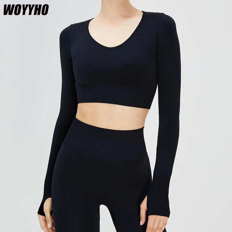 

WOYYHO Sexy Women's Yoga T-shirts Long Sleeve Running Tees Seamless Crop Top Woman Sports T-shirts Yoga Top Shirt Long Sleeve