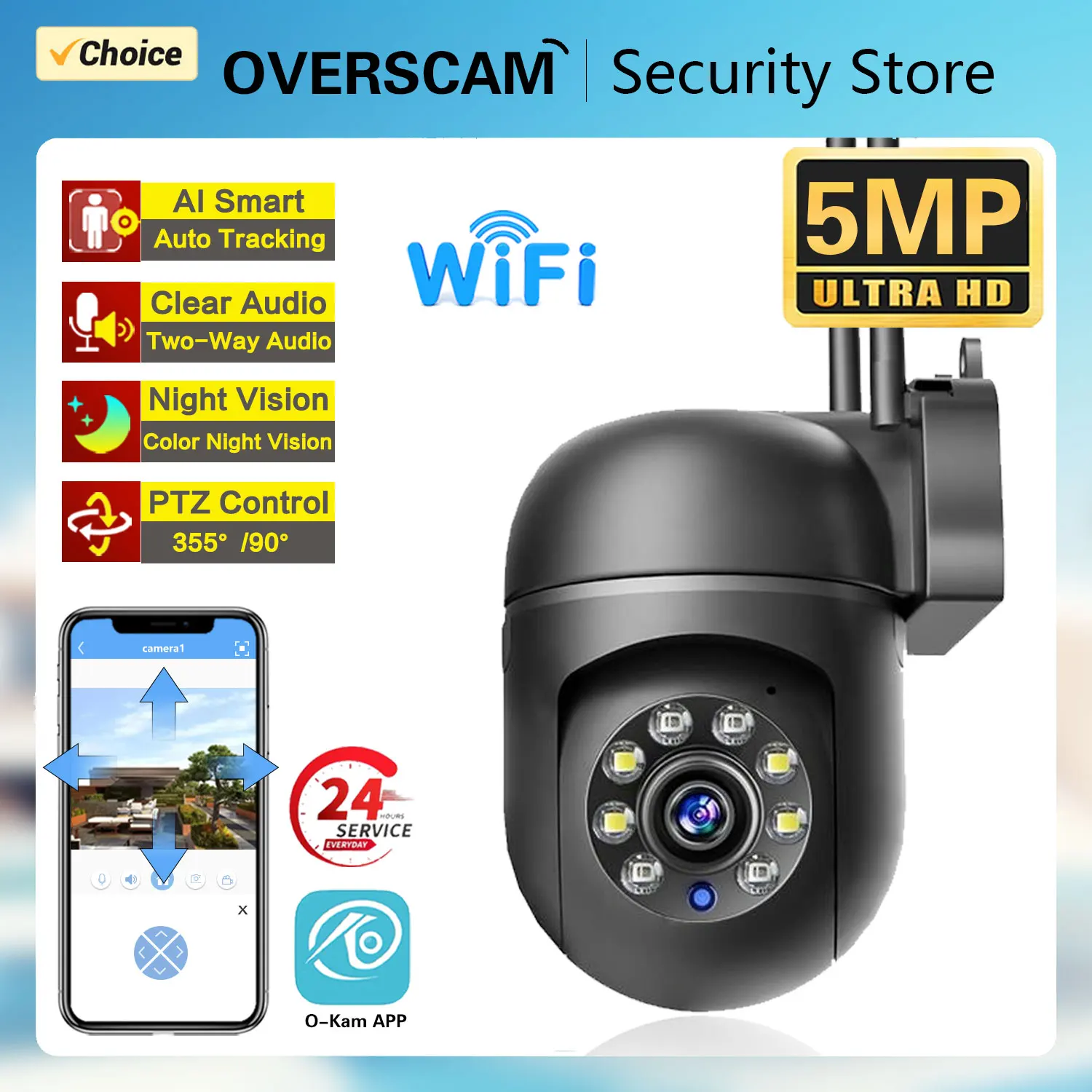 5MP Wifi IP Cameras Outdoor Surveillance PTZ Cam Security Protection CCTV Auto Tracking Night Vision Two Way Audio OKam 5G