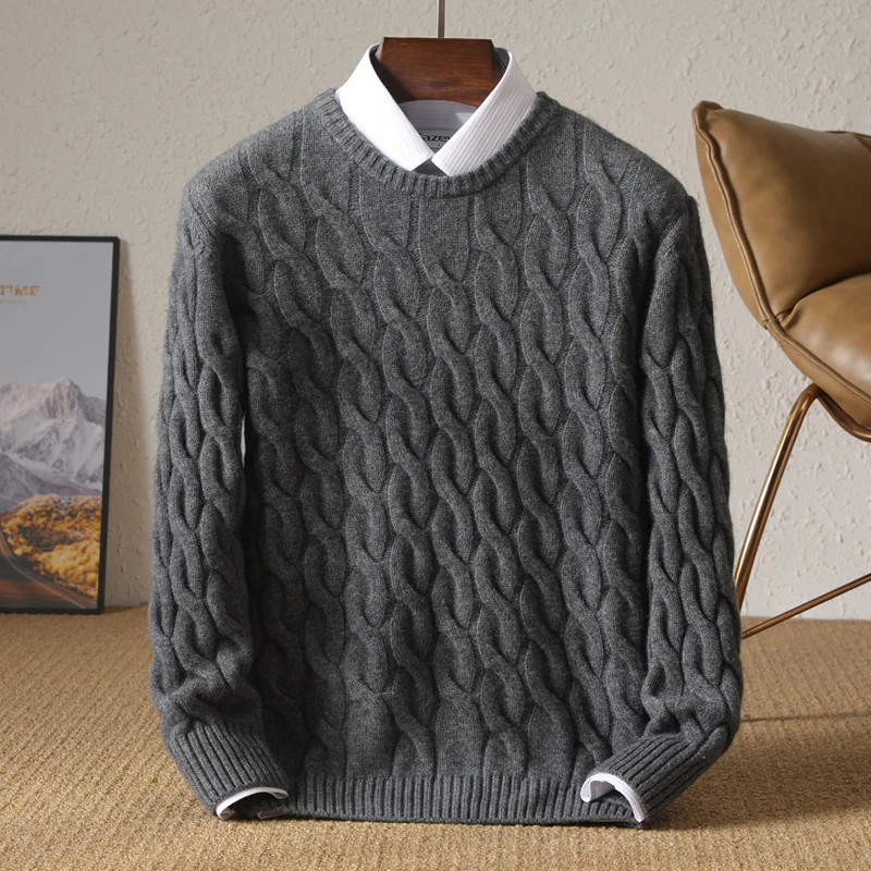 Autumn Winter Thickened Cashmere Sweater 100% Merino Wool Men's Top O-Neck Twisted Pullover Knitted Loose Long Sleeve Sweater 3
