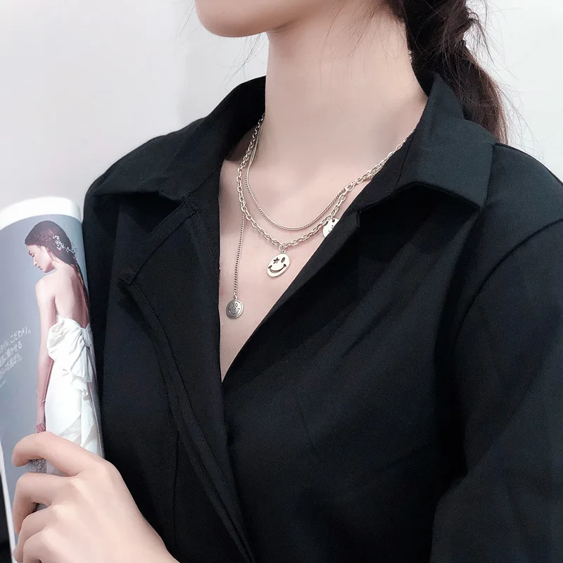 

S925 Sterling Silver Double Layer Horsewhip Chain Smile Face Pendant Necklace